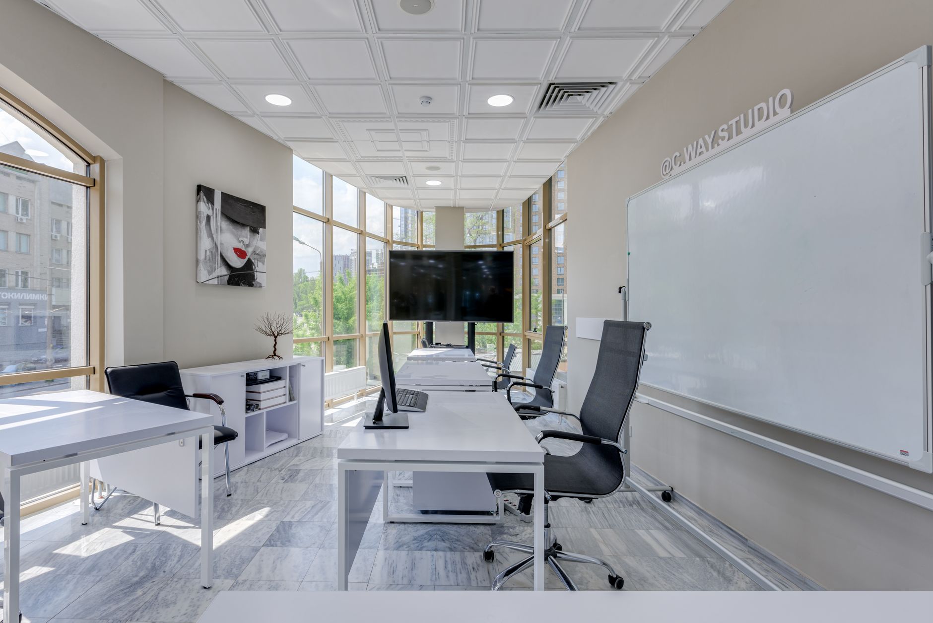 Studio entrance and planning desks